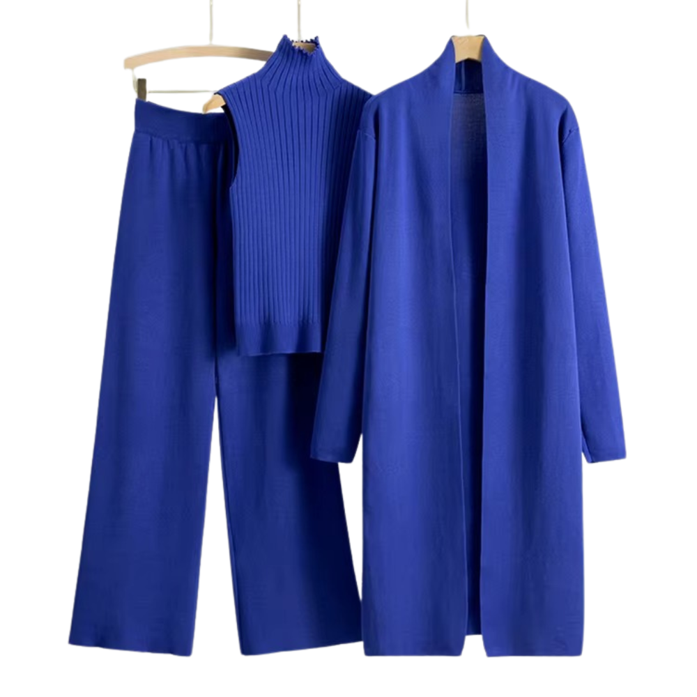 3-delat stickat set för kvinnor med lång kofta, polotröja och vida byxor