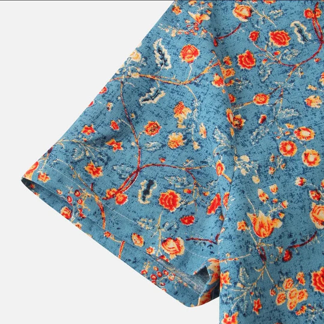 Herrskjorta - Kortärmad - Mandarin Krage - Blommigt Mönster - Avslappnad Passform