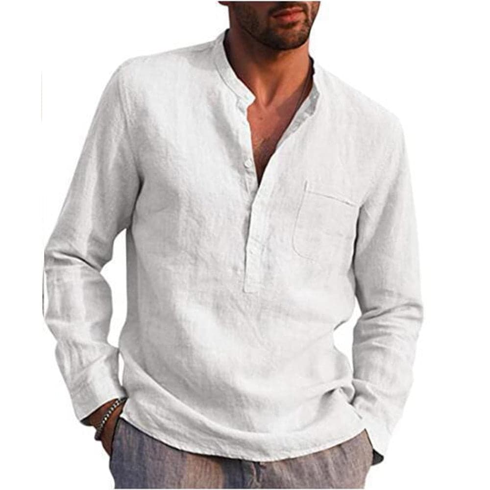 Herrskjorta - Linneblandning - Mandarin Krage - Knappslå - Långärmad Casual