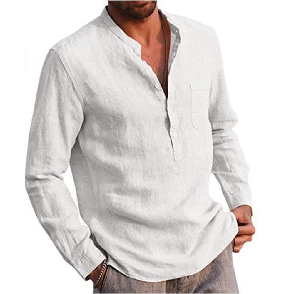 Herrskjorta - Linneblandning - Mandarin Krage - Knappslå - Långärmad Casual