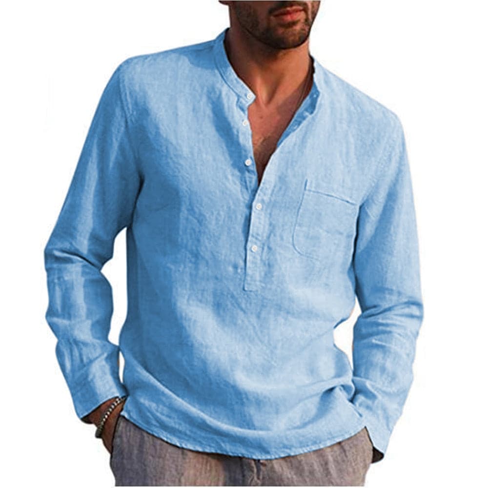 Herrskjorta - Linneblandning - Mandarin Krage - Knappslå - Långärmad Casual
