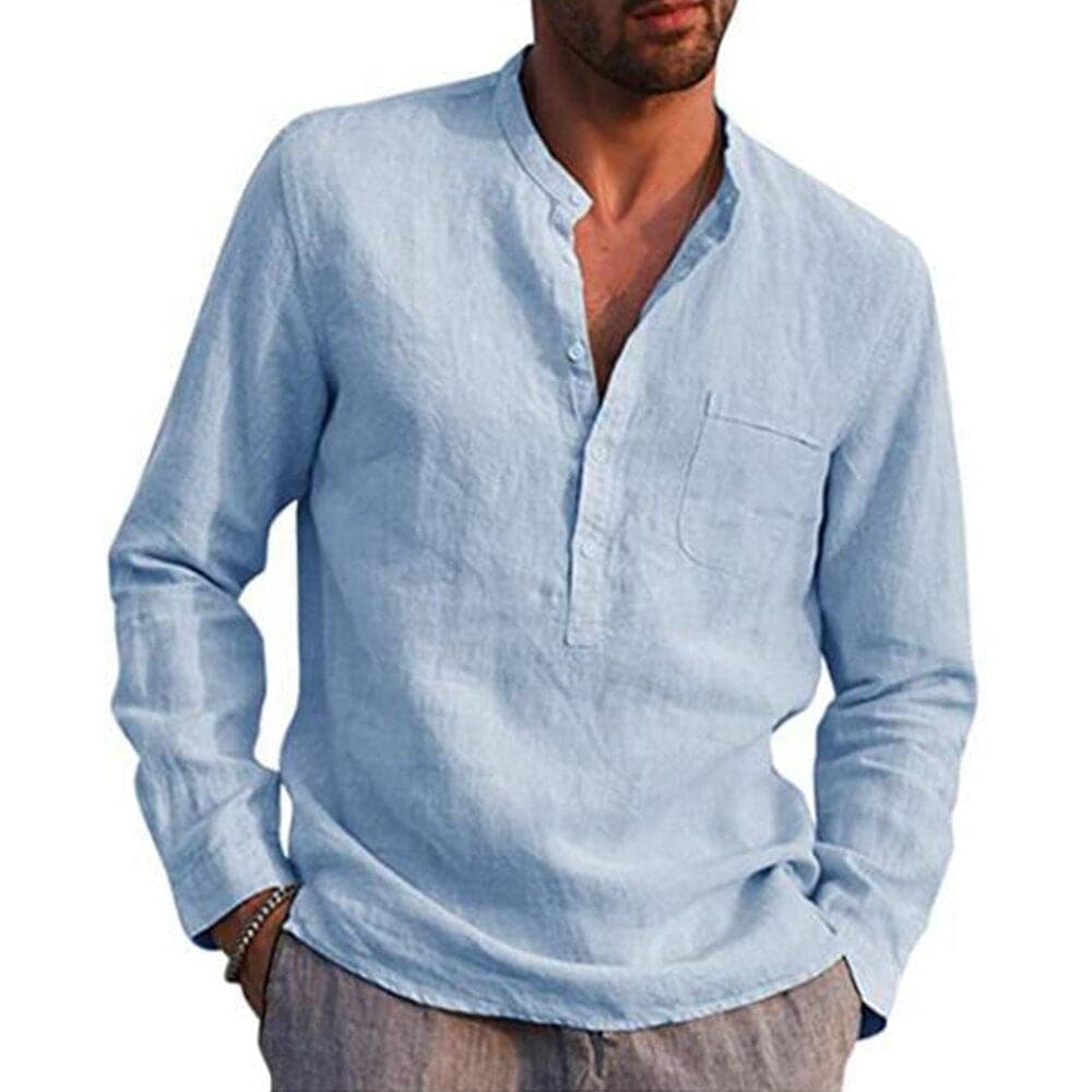 Herrskjorta - Linneblandning - Mandarin Krage - Knappslå - Långärmad Casual