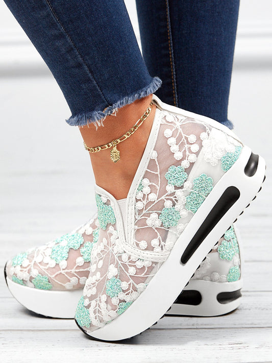 Dam Sneakers – Plattformssula – Mesh med Blommig Brodyr