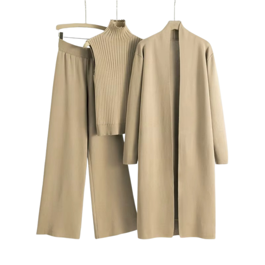 3-delat stickat set för kvinnor med lång kofta, polotröja och vida byxor