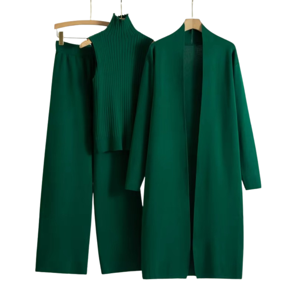 3-delat stickat set för kvinnor med lång kofta, polotröja och vida byxor