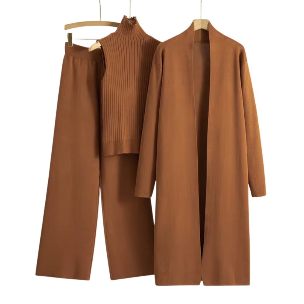 3-delat stickat set för kvinnor med lång kofta, polotröja och vida byxor