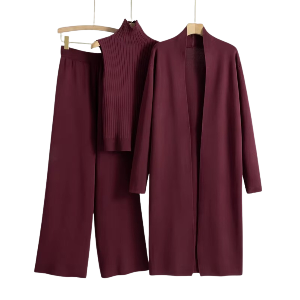 3-delat stickat set för kvinnor med lång kofta, polotröja och vida byxor