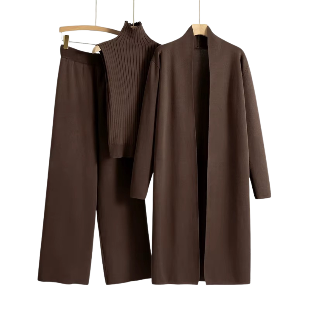 3-delat stickat set för kvinnor med lång kofta, polotröja och vida byxor