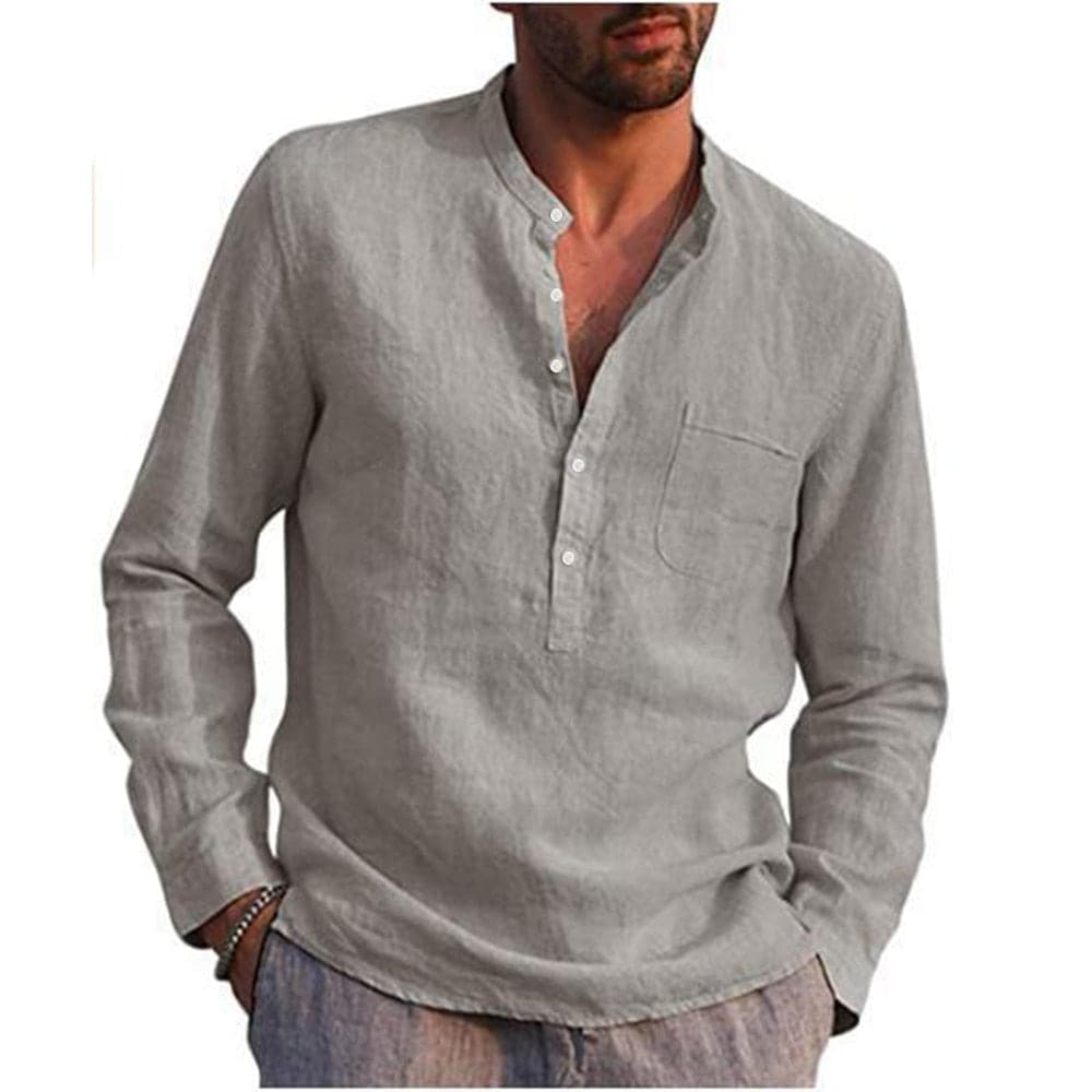 Herrskjorta - Linneblandning - Mandarin Krage - Knappslå - Långärmad Casual