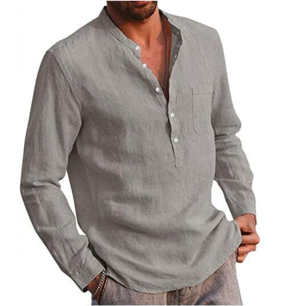 Herrskjorta - Linneblandning - Mandarin Krage - Knappslå - Långärmad Casual