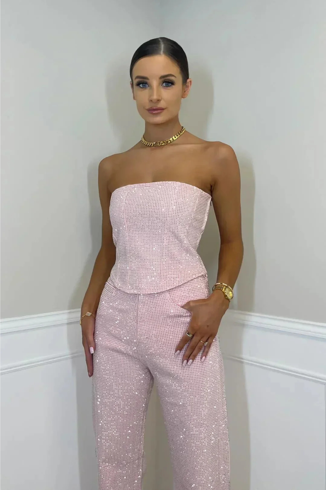 Dam glitter set med topp & högmidjade byxor | Fest & elegant