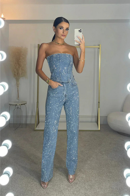 Dam glitter set med topp & högmidjade byxor | Fest & elegant