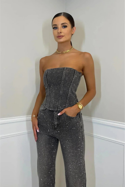 Dam glitter set med topp & högmidjade byxor | Fest & elegant