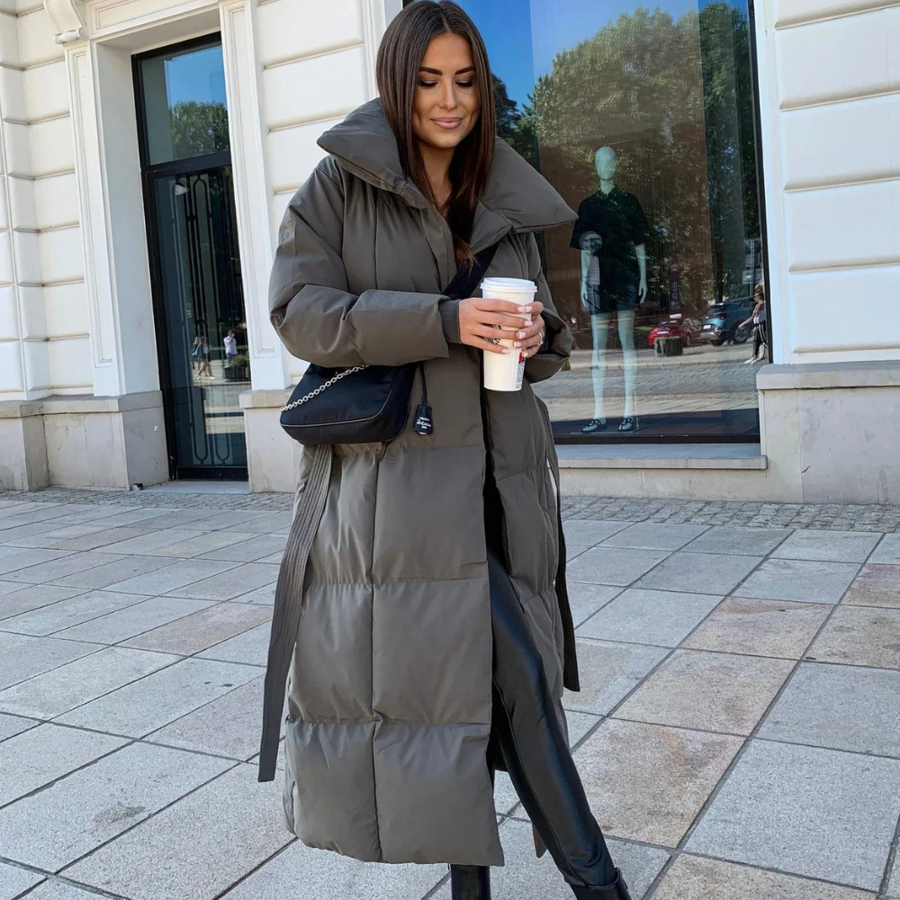 Lång vadderad Quiltad parka med bälte för damer