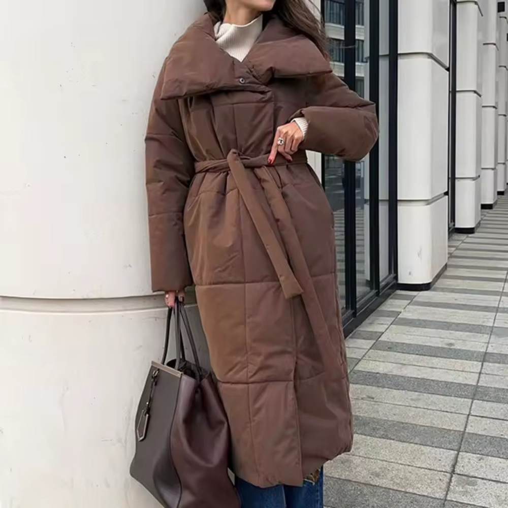Lång vadderad Quiltad parka med bälte för damer