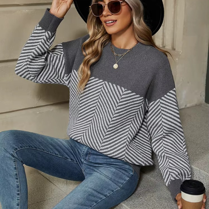 Randig stickad tröja med långa ärmar för kvinnor