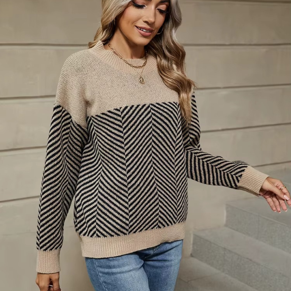 Randig stickad tröja med långa ärmar för kvinnor