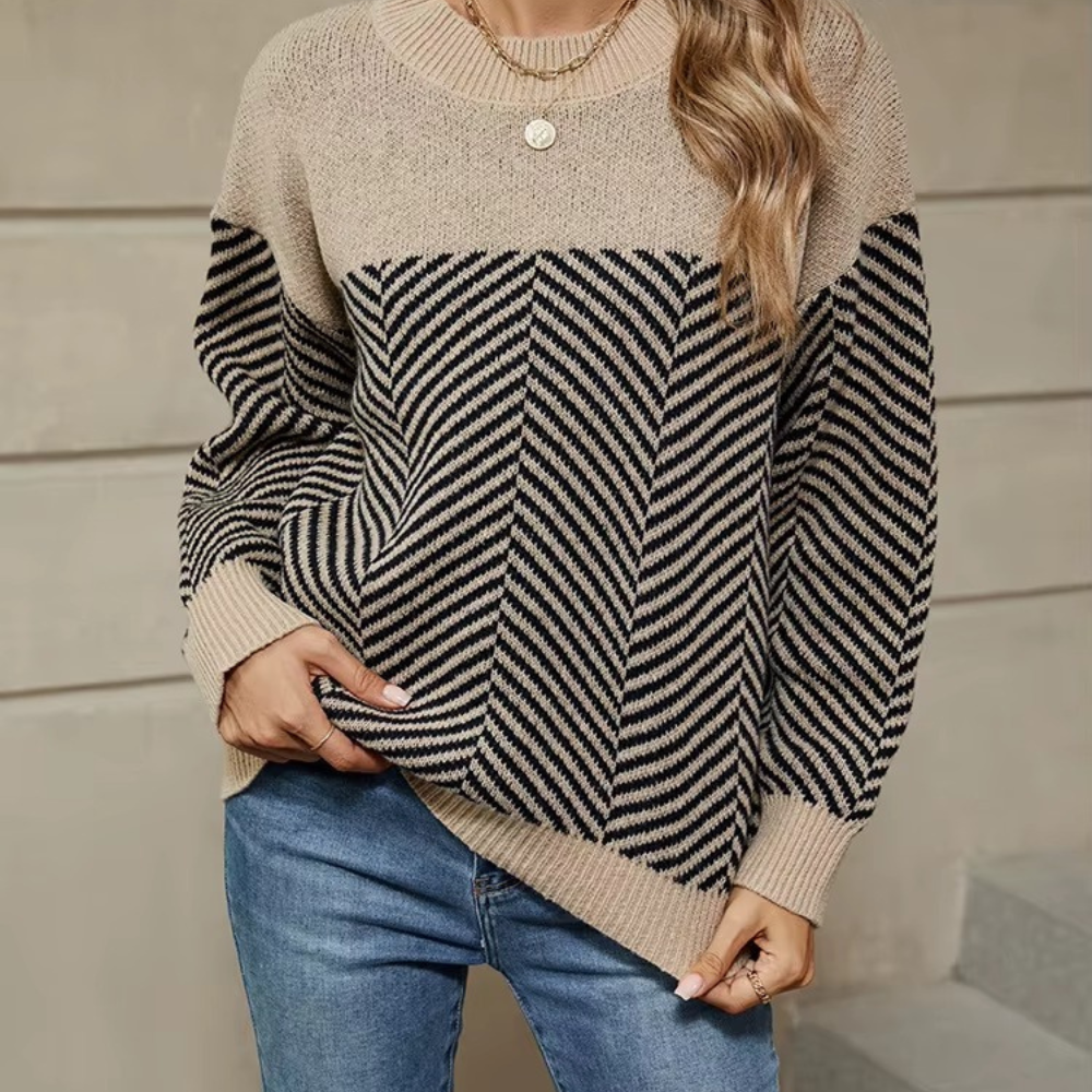 Randig stickad tröja med långa ärmar för kvinnor