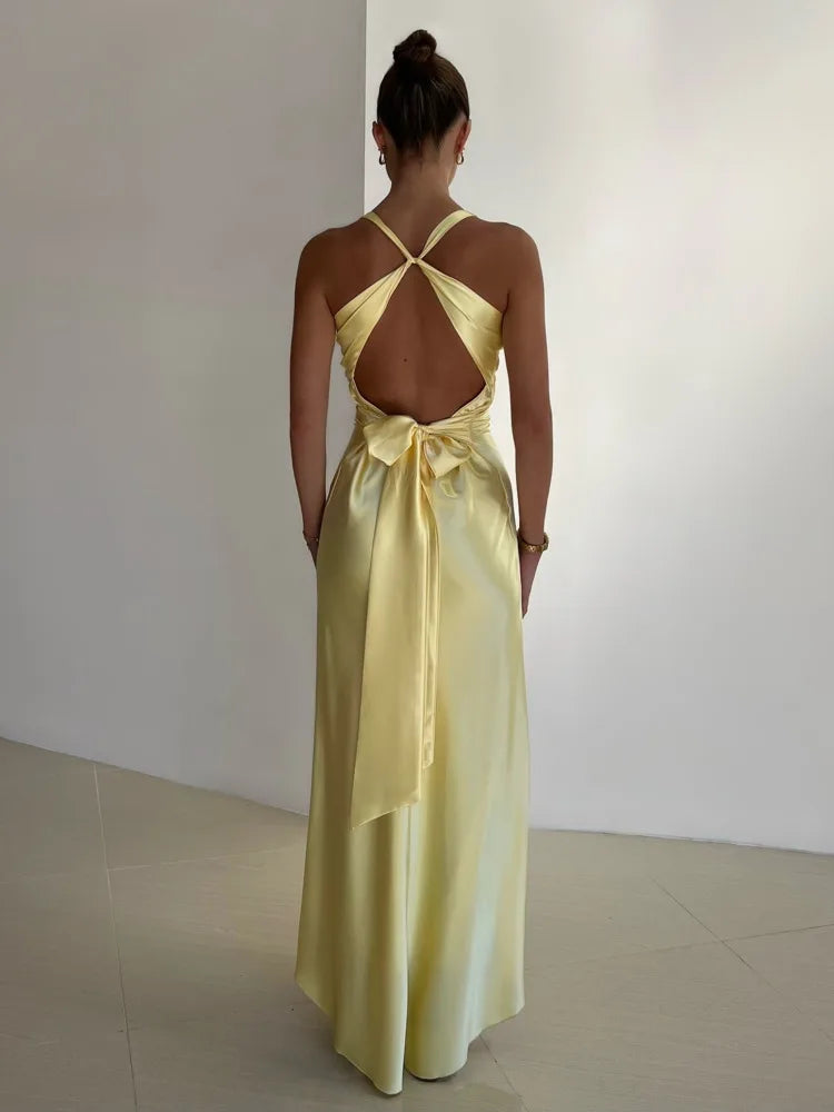 Dam Festklänning – Golvlång – V-ringning – Ärmlös – Elegant Satin Look