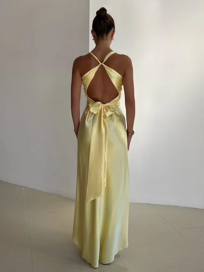 Dam Festklänning – Golvlång – V-ringning – Ärmlös – Elegant Satin Look
