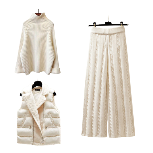 Vinterstickad tröja, byxor och väst för kallt väder matchande set för kvinnor