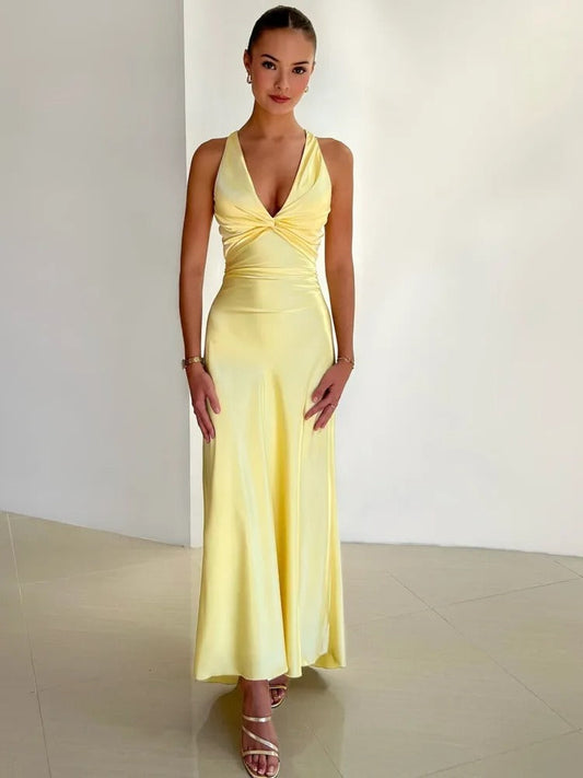 Dam Festklänning – Golvlång – V-ringning – Ärmlös – Elegant Satin Look