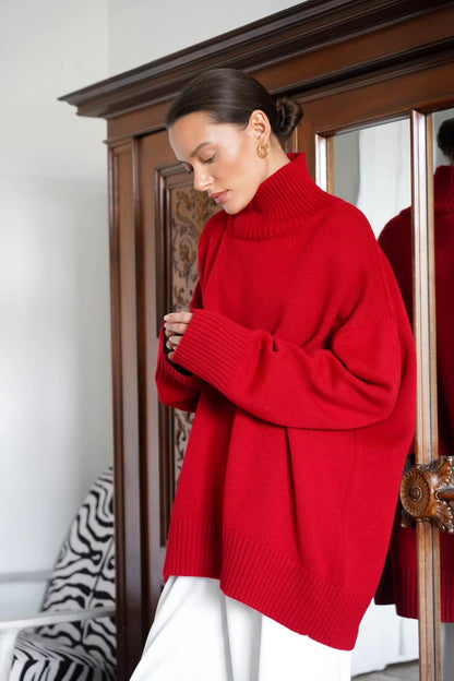 Stickad tröja med långa ärmar och polotröja i överdimensionerad modell för kvinnor