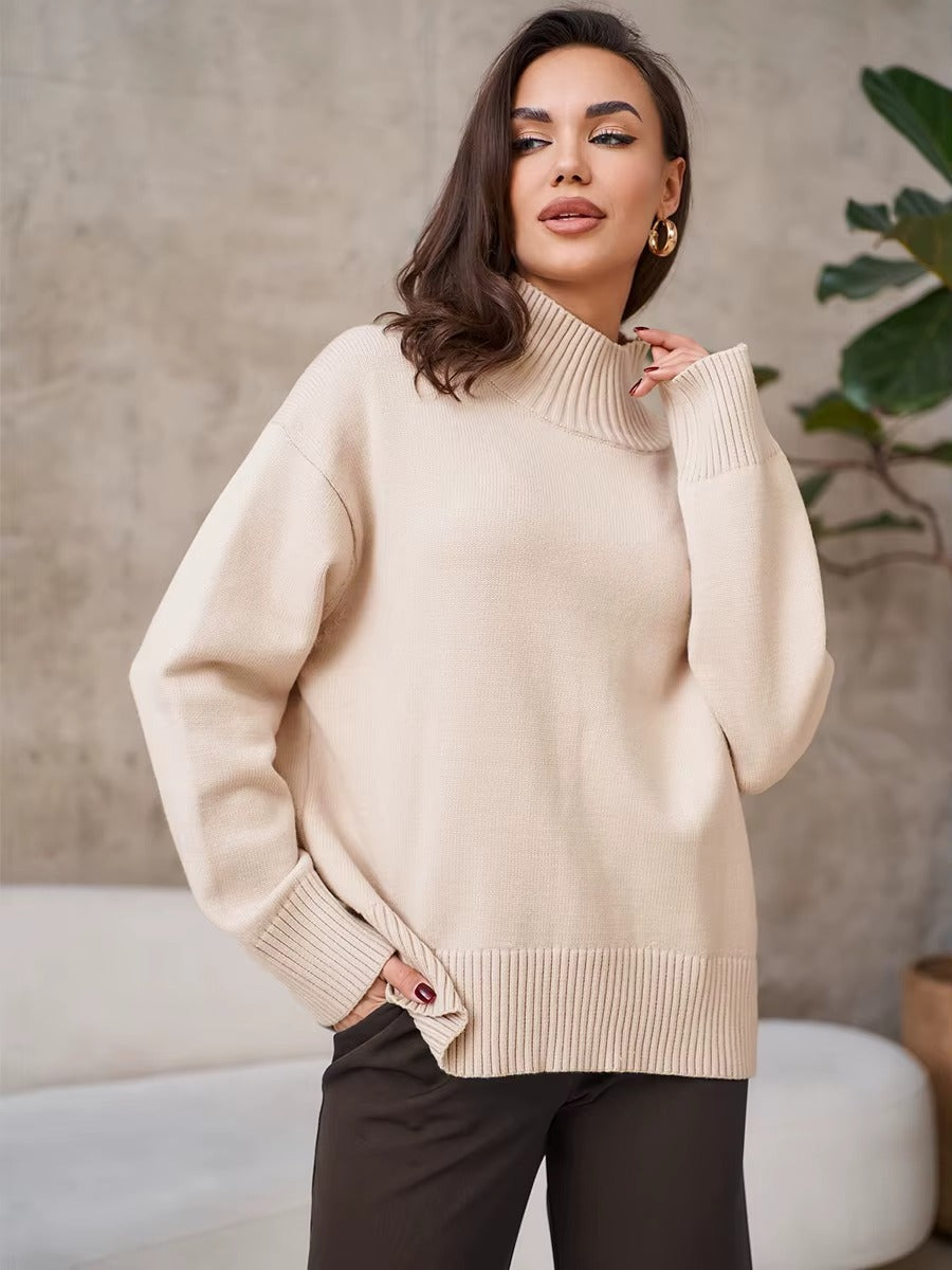 Stickad tröja med långa ärmar och polotröja i överdimensionerad modell för kvinnor
